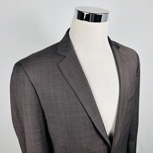 Combatant Gentlemen 44R Slim Fit Sport Coat Brown Blue Plaid Wool Two Button